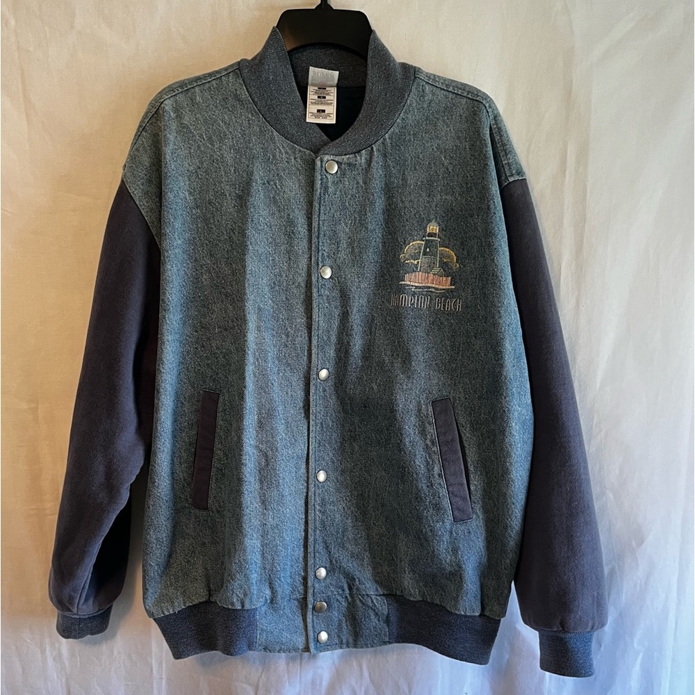 Fruit of the Loom vintage Hampton beach lighthouse denim bomber jacket